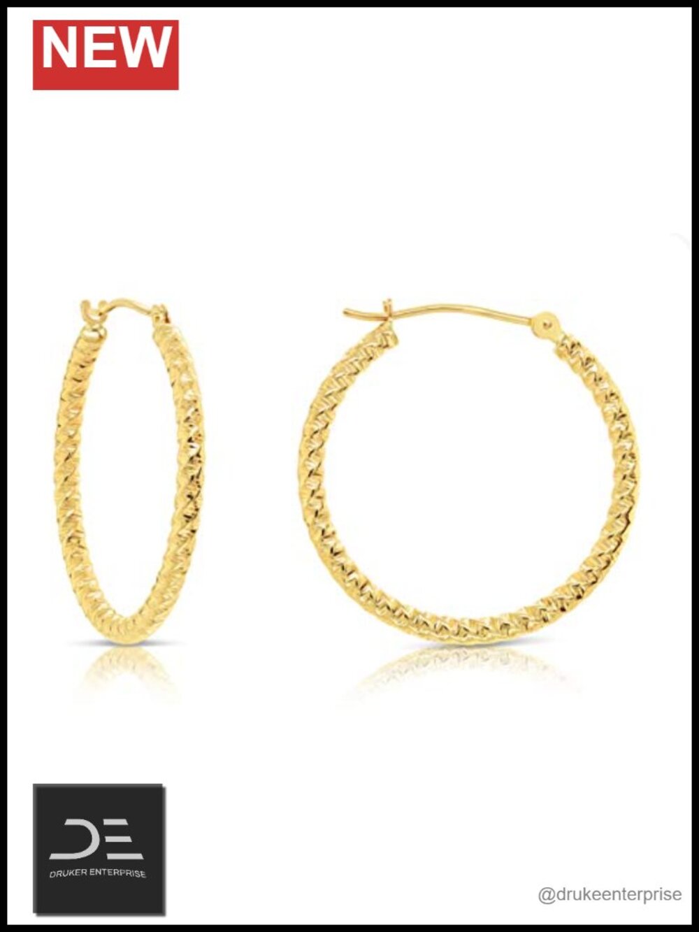 14k Yellow Gold Spiral Textured Round Hoop Earrings 25mm